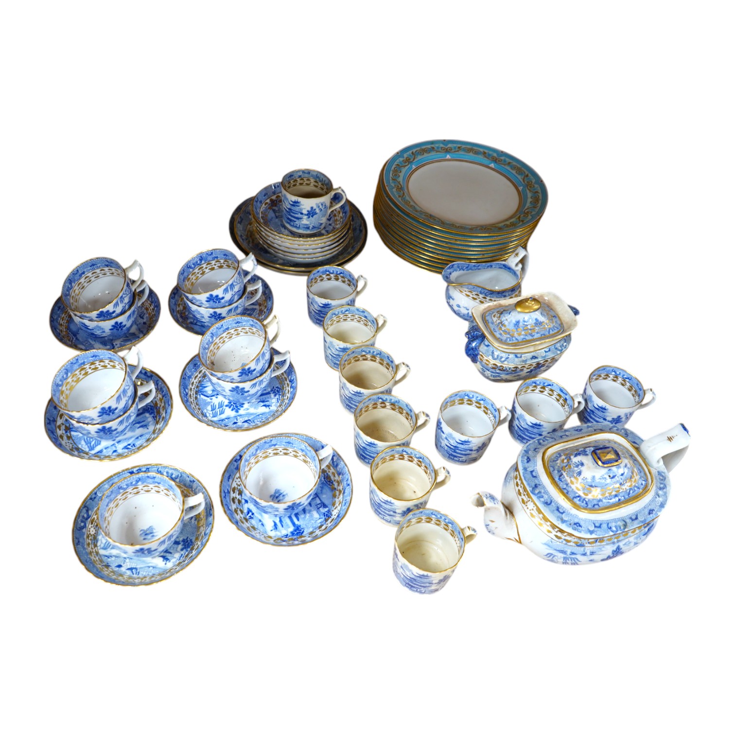 An early 19th century part coffee and tea set, probably Miles Mason, and a set of ten Derby dessert plates, 25cm in diameter. Condition - varies, poor to good